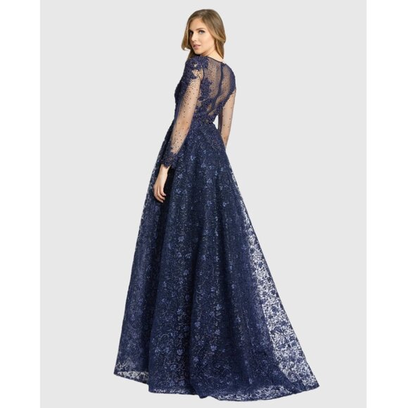Mac Duggal 20100‎ Size 8 Blue Embellished Illusion Long Sleeve A-Line Gown Dress - Picture 4 of 4
